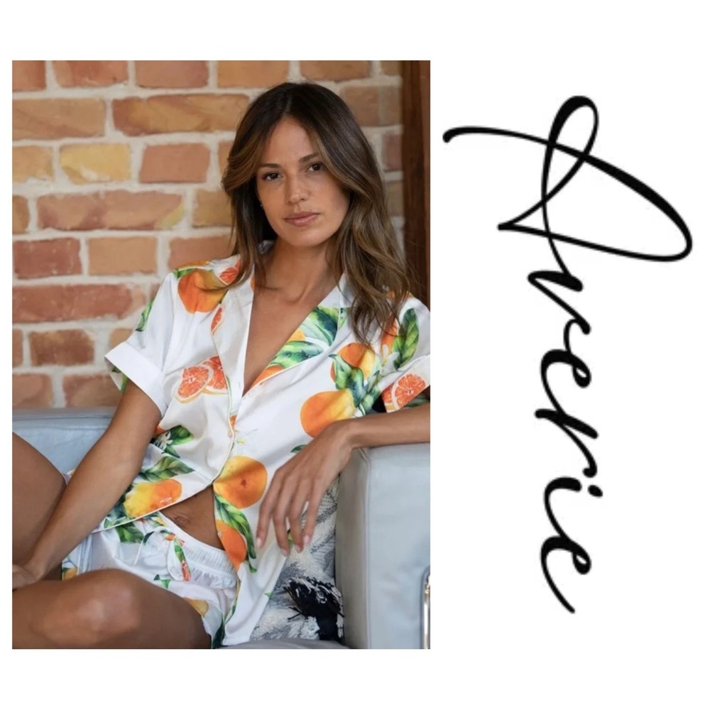 Averie Paloma Short Two-Piece Set Satin Fruit Print Oranges Grapefruit M